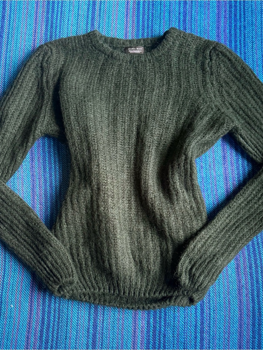 Zara Mohair Cable Knit Forest Green Ribbed Crewneck Sweater